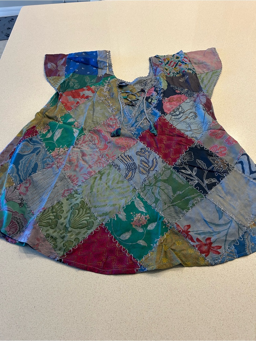 Boho Patchwork Top One Size Embroidered Tie Neck Cottagecore